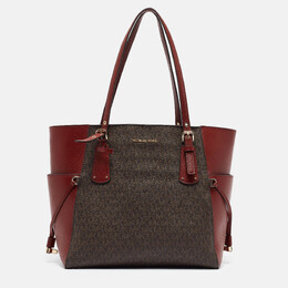 Michael Kors Red/Brown Signature Coated Canvas and Leather Voyager East West Tote 1001628