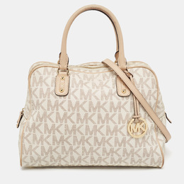 Michael Kors Beige/White Signature Coated Canvas and Leather Charm Satchel 1003414