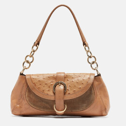 Furla Beige Suede, Ostrich Embossed and Leather Buckle Flap Hobo 1008192