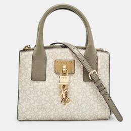 DKNY Grey/Beige Signature Coated Canvas and Leather Padlock Charm Tote 1017488