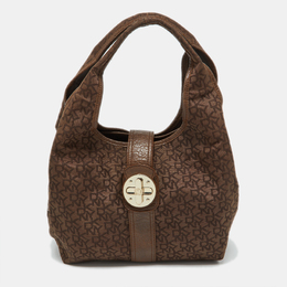 DKNY Brown Signature Canvas and Croc Embossed Leather Push Lock Hobo 1019026