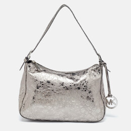 Michael Kors Metallic Grey Textured Patent and Leather Logo Charm Shoulder Bag 1022381