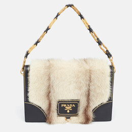 Prada Off White/Black Mink Fur and Saffiano Leather Flap Bag 1024127