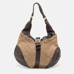 Aigner Brown/Beige Monogram Canvas and Leather Logo Flap Hobo 1028856