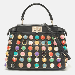 Fendi Black Leather Multicolor Studs Mini Peekaboo Top Handle Bag 1035148