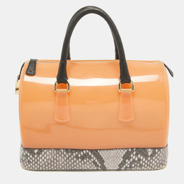 Furla Orange/Grey Rubber and Python Print Leather Medium Candy Satchel 1039158