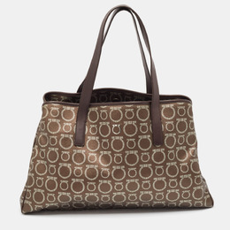 Salvatore Ferragamo Brown/Silver Gancini Printed Coated Canvas and Leather Zip Tote 1041580