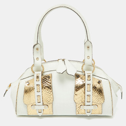 Roberto Cavalli White/Gold Croc Embossed Leather and Snakeskin Satchel 1044889