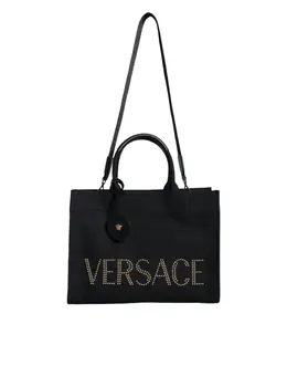 Versace Black Top Handle Canvas Leather Logo Crossbody Tote Bag bag1589