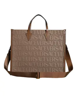 Versace Brown Top Handle Jacquard Leather Logo Crossbody Tote Bag bag1593