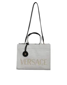 Versace White Top Handle Canvas Leather Logo Crossbody Tote Bag bag1598