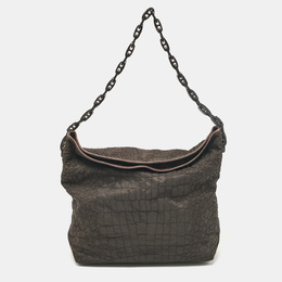 Gianfranco Ferre Dark Brown Fabric and Leather Chain Bucket Bag 1051078