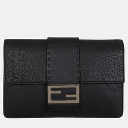 Fendi Black Leather Selleria FF Baguette Clutch 1055044