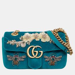 Gucci Teal Velvet Mini Velvet Embroidered GG Marmont Flap Bag 1054997