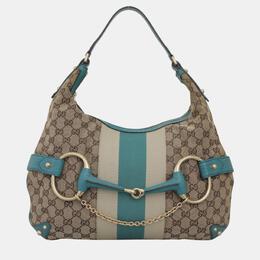 Gucci Blue, Brown Leather, Canvas Oversized Horsebit Hobo Bag 1054932