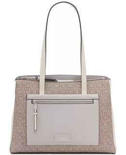 Сумка-тоут с тремя отделениями Hadley Signature с цветными блоками Calvin Klein, серый 17808983 | almond taupe/cherub white/dove