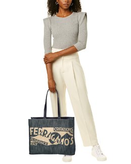 Большая сумка-тоут Ferragamo из джинсовой и кожаной ткани с логотипом Salvatore Ferragamo, синий 7701895053372 | blue
