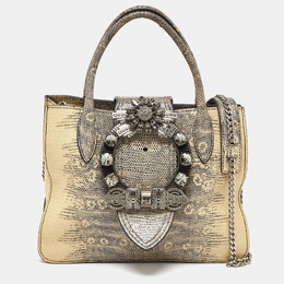 Miu Miu Cream/Black Lizard Embossed Leather Crystal Embellished Tote 1079195