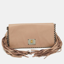 Roberto Cavalli Beige Leather Tassel Chain Link Clutch 1082339