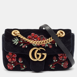 Gucci Black Matelassé Velvet Mini Crystals Embellished GG Marmont Shoulder Bag 1068569