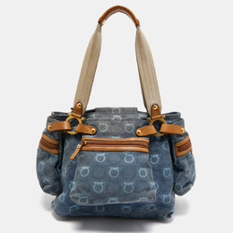 Salvatore Ferragamo Blue Gancini Print Denim and Leather Multiple Pocket Shoulder Bag 1086007