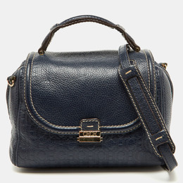 CH Carolina Herrera Navy Blue Monogram Embossed Leather Flap Top Handle Bag 1092373