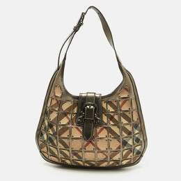 Burberry Metallic/Beige Nova Check PVC and Leather Studded Brooke Warrior Hobo 1093858