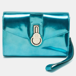 Baldinini Metallic Blue Patent Leather Flap Wristlet Clutch 1098100