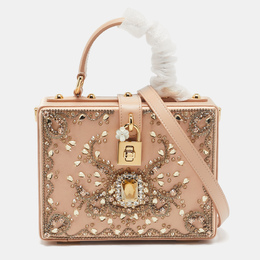 Dolce & Gabbana Beige Satin and Leather Crystal Embellished Rosaria Box Top Handle Bag 1097015