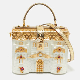 Dolce & Gabbana Gold/White Acrylic and Snakeskin Castle Dolce Box Top Handle Bag 1096958
