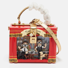 Dolce & Gabbana Red/Gold Acrylic and Leather Fashion House Dolce Box Top Handle Bag 1097022