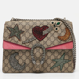 Gucci Beige/Pink GG Supreme Canvas and Suede Medium Crystals Embellished Dionysus Shoulder Bag 1106252