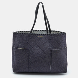 Tory Burch Navy Blue Felt Fabric and Patent Leather Block-T Shopper Tote 1110246