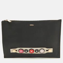 Furla Black Leather Floral Handle Flat Zip Pouch Clutch 1110146