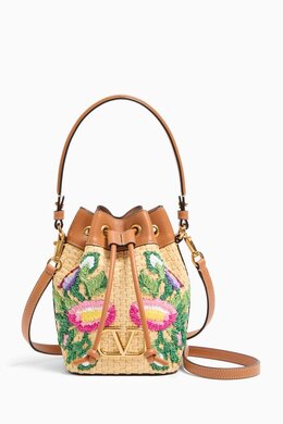 Valentino Garavani Mini Embroidered Bucket Bag in Raffia & Leather 217921849_195