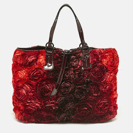 Valentino Red/Burgundy Nylon Large Flower Applique Tote 1117954
