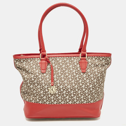 DKNY Red/Beige Signature Canvas and Leather Zip Tote 1117221