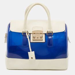 Furla Blue/White Rubber and Leather Candy Flap Satchel 1118269
