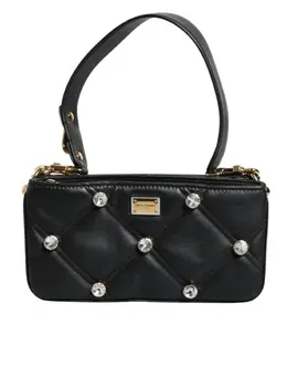 Dolce & Gabbana Black Leather Crystal Embellished Logo Shoulder Bag bag4015