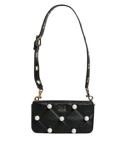 Dolce & Gabbana Black Leather Pearl Embellished Logo Shoulder Bag bag4017