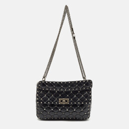 Valentino Black Quilted Crackle Leather Medium Rockstud Spike Top Handle Bag 1125012