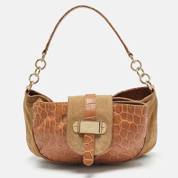 Furla Brown/Tan Croc Embossed Leather and Suede Flap Hobo 1120343