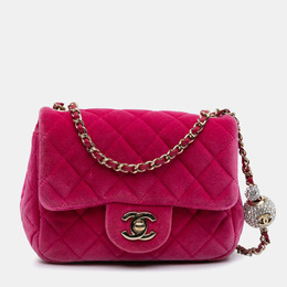 Chanel Pink Mini Square Classic Velvet Pearl Crush Single Flap Shoulder Bag 1121807