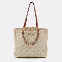 Michael Kors White/Brown Signature Coated Canvas and Leather Shopper Tote 1133436