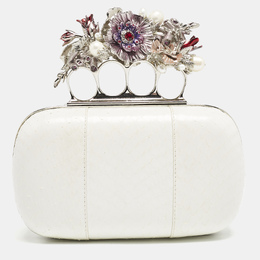 Alexander McQueen White Snakeskin Floral Embellished Knuckle Clutch 1134648