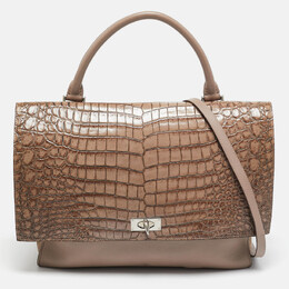 Givenchy Brown/Taupe Croc Embossed Leather and Suede Shark Lock Top Handle Bag 1135013
