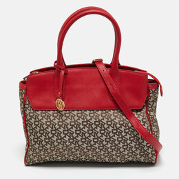 DKNY Red/Beige Monogram Fabric and Leather Zip Tote 1135117
