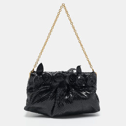 Valentino Black Snakeskin Fleur Chain Clutch 1135222