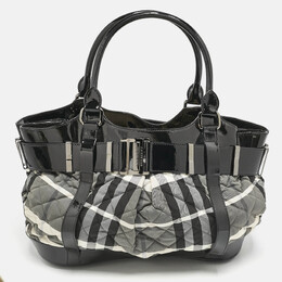 Burberry Black/Grey Check Quilted Nylon and Patent Leather Healy Tote 1135337
