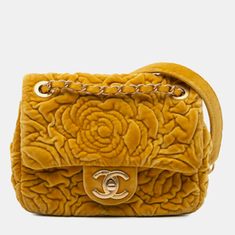Chanel Yellow Mini Square Velvet Camellia Embossed Flap Bag 1129175
